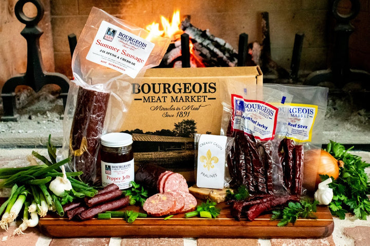 Premium smoked meats gift box from Bourgeois Meat Market, packed with Cajun wood-smoked sausage, summer sausage, and jerky—perfect for meat lovers.