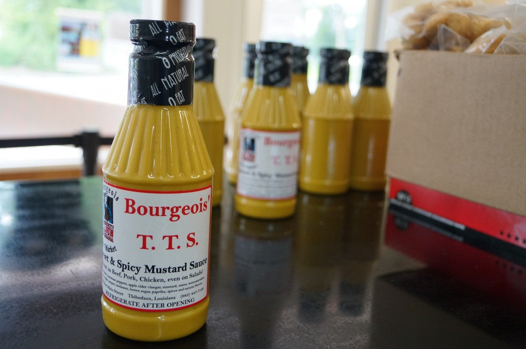 TTS Sweet and Spicy Mustard Sauce by Bourgeois Meat Market, a versatile Cajun condiment for dipping, dressing, and battering with bold Louisiana flavors.