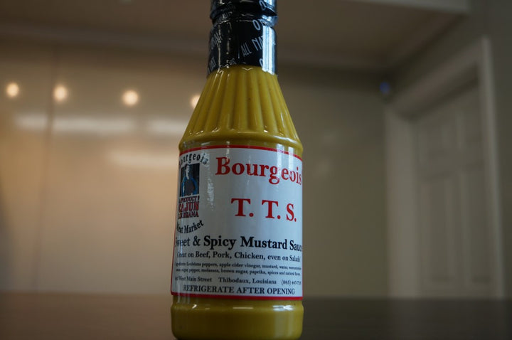 TTS Sweet and Spicy Mustard Sauce by Bourgeois Meat Market, a versatile Cajun condiment for dipping, dressing, and battering with bold Louisiana flavors.