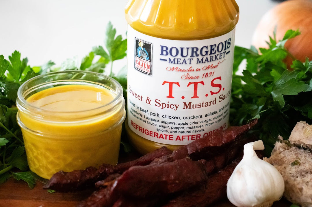 TTS Sweet and Spicy Mustard Sauce by Bourgeois Meat Market, a versatile Cajun condiment for dipping, dressing, and battering with bold Louisiana flavors.