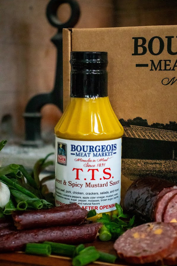 TTS Sweet and Spicy Mustard Sauce by Bourgeois Meat Market, a versatile Cajun condiment for dipping, dressing, and battering with bold Louisiana flavors.